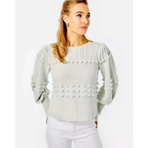 Lilly Pulitzer • Kippa Sweater bobble pullover puff sleeve popcorn stitch grey - Picture 1 of 11